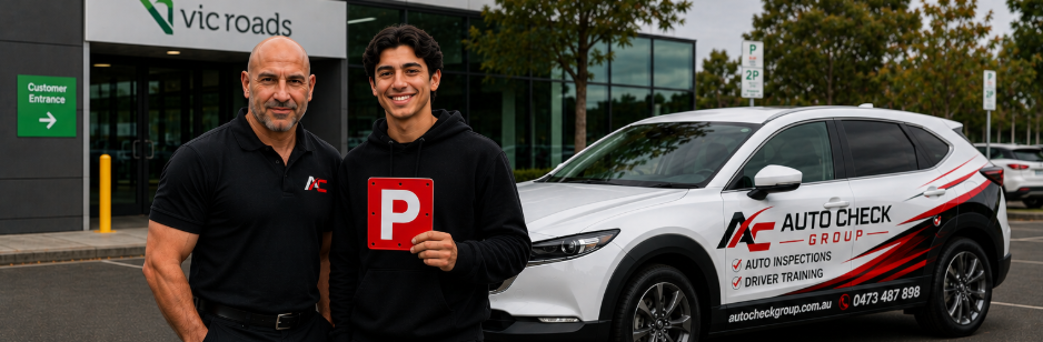 Andrew outside the VicRoads licensing centre with a new P-plate driver and the Auto Check Group training car