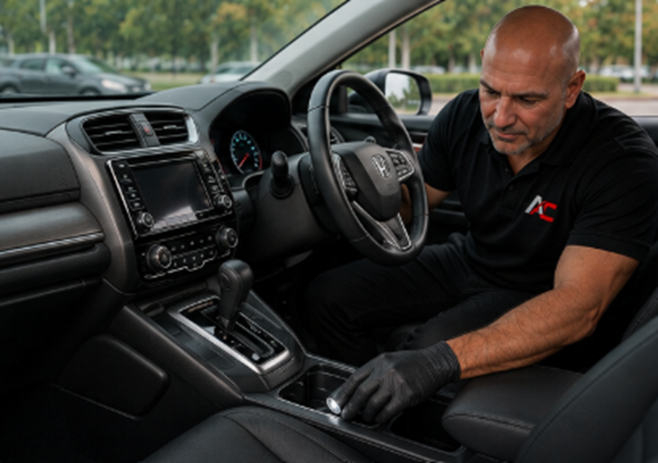 Andrew inspecting a vehicle interior by torchlight