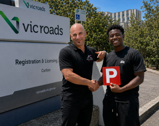 Andrew with a learner outside the VicRoads licensing centre